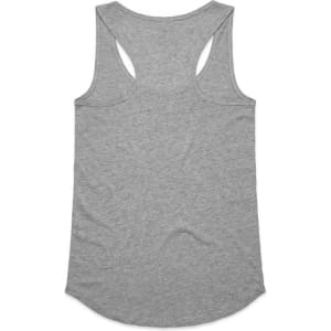 A grey racerback singlet with a curved hem and a logo on the back.