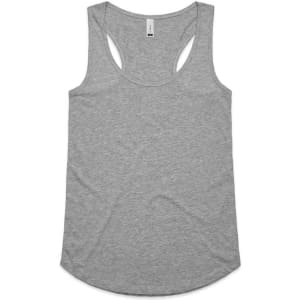 A grey racerback singlet featuring a rounded hem and a logo on the label.