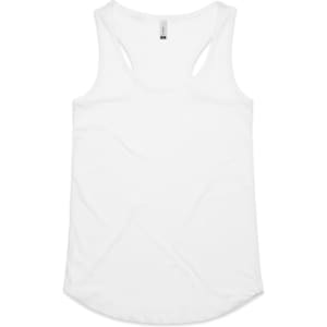 A white racerback singlet featuring a smooth fabric and a rounded hem, with a logo at the neckline.