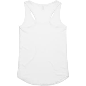 A white racerback singlet featuring a rounded hem and a logo on the back.