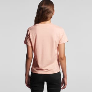 A peach-coloured t-shirt from the back, featuring a simple design and a logo.