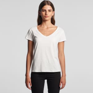 A white V-neck T-shirt with short sleeves and a fitted design, featuring a logo.
