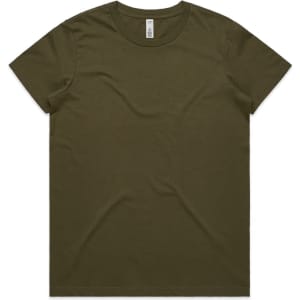 An olive green T-shirt with a classic crew neck and short sleeves, featuring a logo tag at the collar.