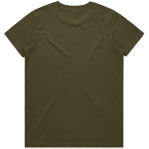 An olive green t-shirt displayed from the back. The shirt features a simple design and a logo.