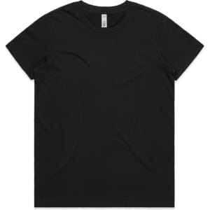 A black t-shirt with a crew neck, featuring a label on the inside. No visible logos or designs.