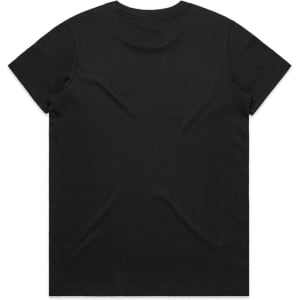 A black t-shirt with a crew neckline and short sleeves, featuring a logo on the back.