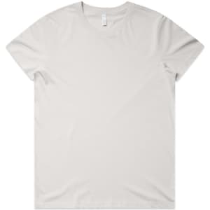 A light grey basic t-shirt with a round neck and short sleeves, featuring a logo.