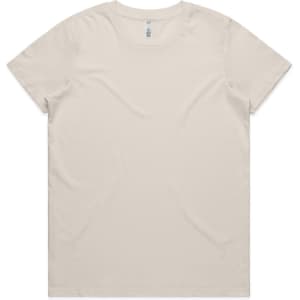 A plain beige t-shirt with a crew neckline and short sleeves, featuring a branding label.
