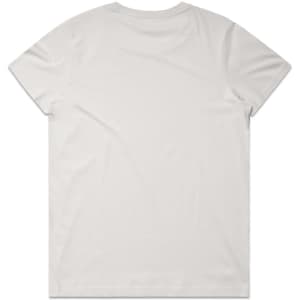 A plain white t-shirt featuring a crew neck and short sleeves, with a logo on the back.