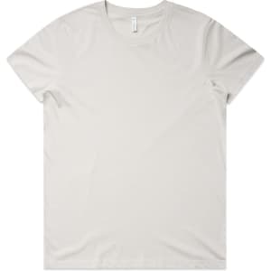 A light grey t-shirt with a round neckline and short sleeves, featuring a logo on the label.