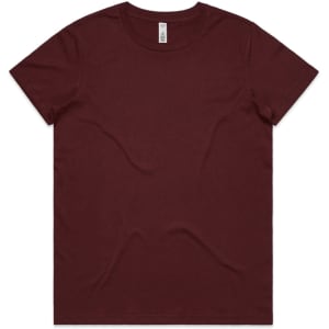 A maroon basic t-shirt with a crew neckline and short sleeves. It includes a label but no visible logos.