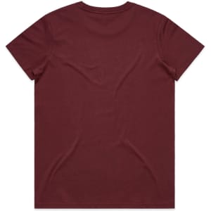 A maroon T-shirt featuring a simple design and a small logo on the back.