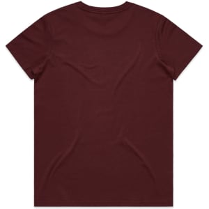 A maroon T-shirt featuring a plain back design and standard fit. Includes a logo on the tag.