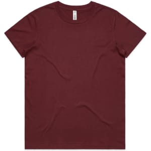A burgundy T-shirt with a classic design, featuring a logo on the label.