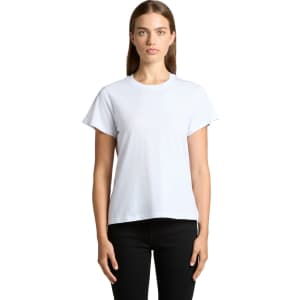 A white basic T-shirt with short sleeves displayed on a model against a plain background.