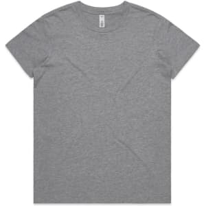 A grey basic t-shirt with a round neckline and short sleeves, featuring a logo tag.