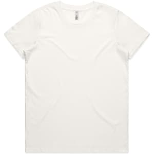 A plain white t-shirt, featuring a crew neck and short sleeves, with a logo on the inside label.