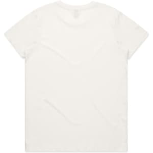 A plain white T-shirt featuring a round neck and short sleeves, with a logo on the back.