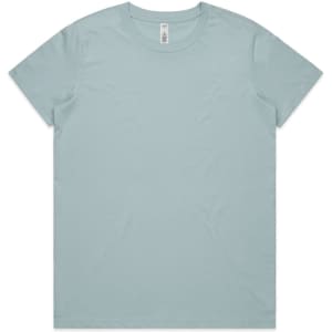 A light blue T-shirt displayed flat, featuring a simple design and a logo label on the collar.