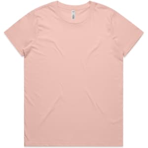 A short-sleeved t-shirt in a soft pink colour, featuring a simple design and a branded label.