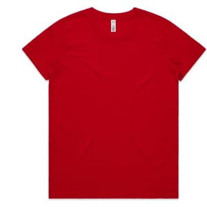 A red T-shirt with a simple design, featuring a logo on the label.