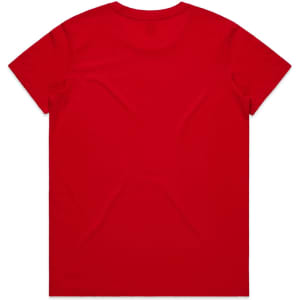 A red t-shirt featuring a plain design, with a crew neck and short sleeves. The back is visible.