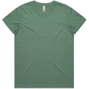 A green basic tee with a round neckline and short sleeves, featuring a brand logo.