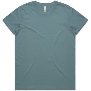 A teal basic t-shirt displayed flat, featuring short sleeves and a round neckline. It has a logo tag.