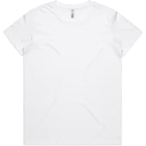 A plain white t-shirt with a crew neckline and short sleeves, featuring a small logo on the label.