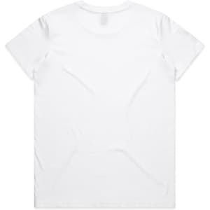 A plain white t-shirt with a standard round neck and short sleeves. It features a logo on the back.