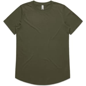 An olive green T-shirt with a rounded neckline and short sleeves, featuring a logo on the tag.