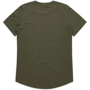 A khaki green t-shirt with short sleeves and a curved hem, featuring a logo on the back.