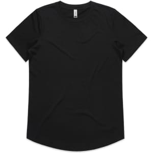 A black t-shirt with a round neckline and short sleeves, featuring a brand logo.