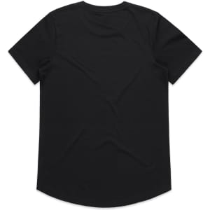 A black t-shirt featuring a curved hem and a plain back. It includes a logo in a visible location.