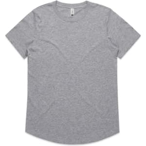 A grey T-shirt with a round neckline and short sleeves, featuring a small logo.