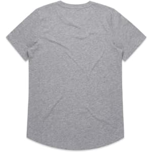 A grey short-sleeve T-shirt with a rounded hem and a logo on the back.