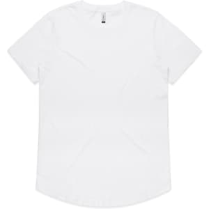 A white T-shirt with a curved hem and a label tag, featuring a logo.