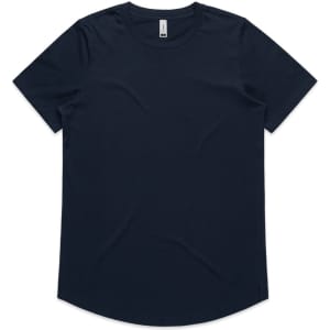 A navy blue t-shirt with a rounded neckline and a logo on the label.