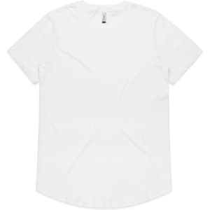 A plain white T-shirt with a rounded hem and a tag at the neckline, featuring a logo on the tag.