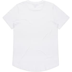 A white T-shirt featuring short sleeves and a rounded hem, with a logo on the back.