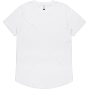 A white T-shirt with a round neck and short sleeves, featuring a logo on the back.