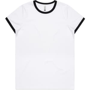 A white T-shirt with black trim around the neckline and sleeves, featuring a logo.