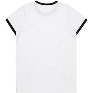 A white T-shirt with black ringer details around the collar and sleeves, featuring a logo.