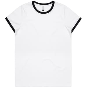 A white T-shirt with black ringer sleeves and a round neckline. The shirt features a logo.