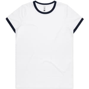 A white T-shirt with navy blue ringer trim and a logo on the label.