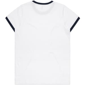 A white T-shirt with a navy blue collar and sleeve trim, featuring a logo.