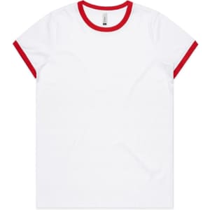 A white T-shirt featuring a red ringer collar and sleeves, with a logo on the tag inside.