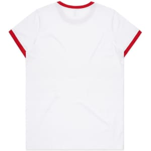 A white t-shirt with red trim around the neckline and sleeves. Features a logo on the back.
