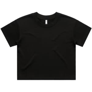 A black cropped T-shirt with a relaxed fit and a simple design. It has a subtle logo.