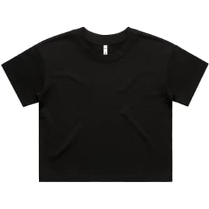 A black T-shirt with a round neckline and short sleeves. Features a logo on the front.